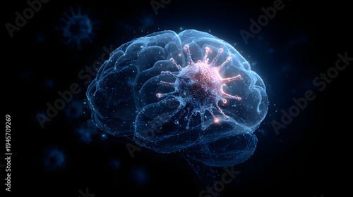 Viral encephalitis illustration with glowing infected brain and microscopic pathogen causing inflammation and neural damage