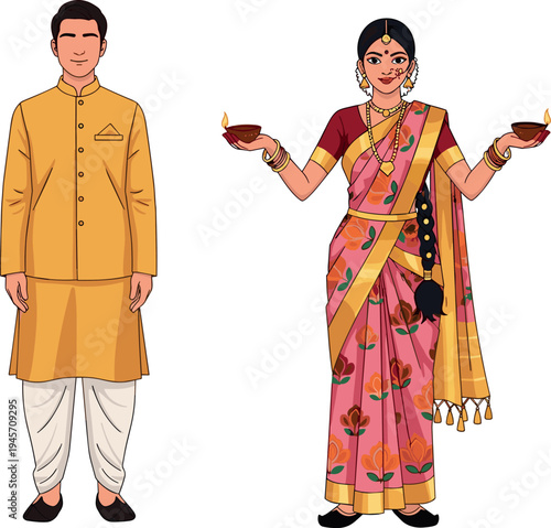Indian traditional couple wearing festive ethnic attire, woman holding diya lamps in colorful saree and man in kurta pajama, cultural celebration illustration isolated on background.