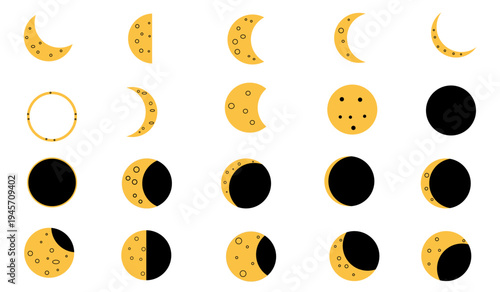Moon phases icon set, lunar cycle illustrations, gold and black on white