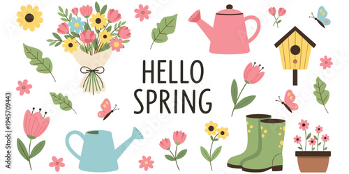 Spring greeting illustration, hello spring artwork with flowers watering cans birdhouse butterflies gardening boots flower pot festive vector design