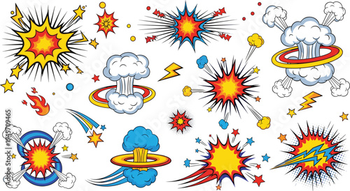 Comic explosion effects collection with cartoon blast clouds lightning bursts fire impacts and dynamic boom elements for comic book action vector illustration set