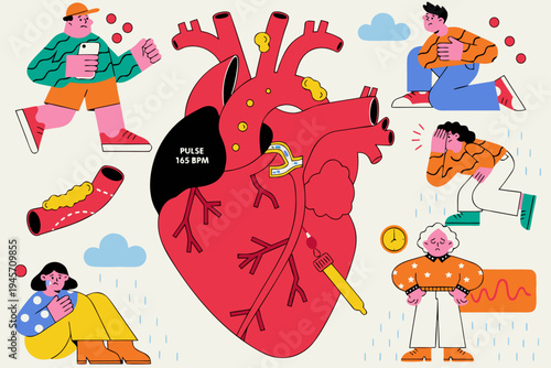 High Cholesterol Blood Pressure and Atherosclerosis Concept. Human Heart with Digital Panel Show Pulse. Cardiology Medicine, Ischemic Disease Diagnose and Treatment. Cartoon People Illustration .icon
