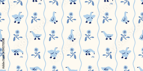 Cute hand drawn blue geese and flowers seamless pattern on cream background. Grandmillennial floral texture. Retro-inspired background.