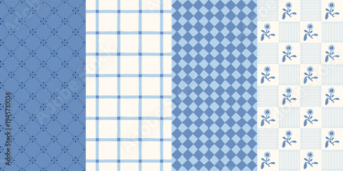 Cobalt blue seamless patterns set with rustic harlequin diamonds, windowpane checks, and dainty flowers. Perfect for high-quality textiles, boutique branding, wallpaper, and stationery projects.