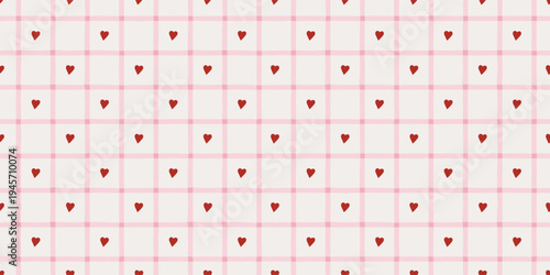 Seamless valentine geometric grid pattern with red hearts on pink and white plaid background