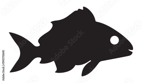 A minimalist silhouette of a fish depicted in solid black against a white background