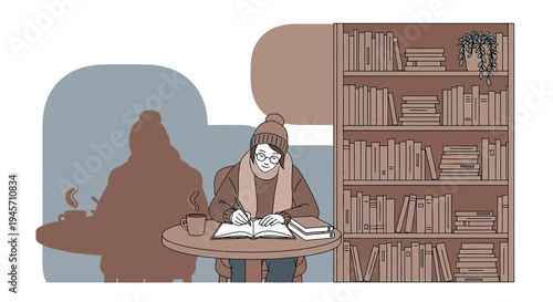 Cozy Winter Reading at Cafe with Bookshelf, Person Studying