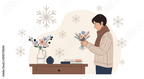 Cozy Winter Scene: Man Arranging Flowers with Snowflakes Illustration
