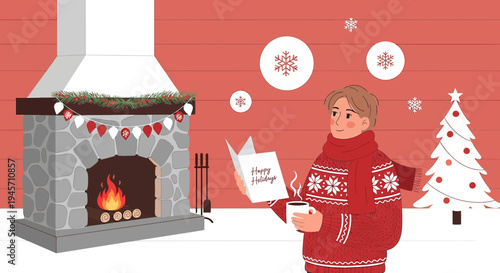 Cozy Winter Scene: Man Reading Card by Fireplace, Christmas Tree, Snowflakes