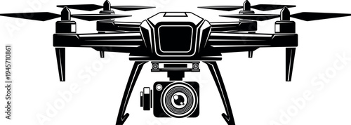 Modern quadcopter drone silhouette with camera mounted underneath, aerial photography technology illustration showing remote flying device for surveillance, filming and innovation concept isolated 