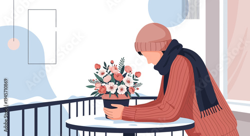 Cozy Winter Scene: Person Admiring Flower Bouquet on Snowy Balcony