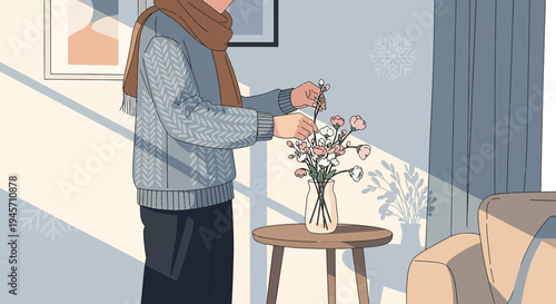 Cozy Winter Scene: Person Arranging Flowers Indoors with Sunlight and Shadows