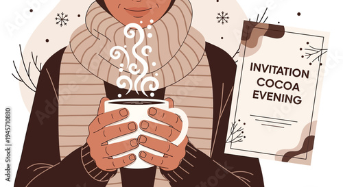 Cozy Winter Scene: Person Holding Hot Cocoa with Invitation Card