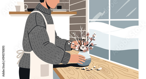 Cozy Winter Scene: Person Arranging Delicate Blossoms in a Vase by the Window