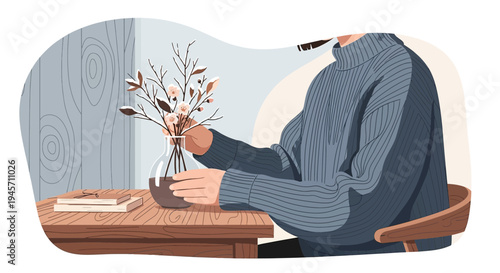 Cozy Scene: Person Arranging Flowers at Table, Book, Sweater, Minimalist Illustration