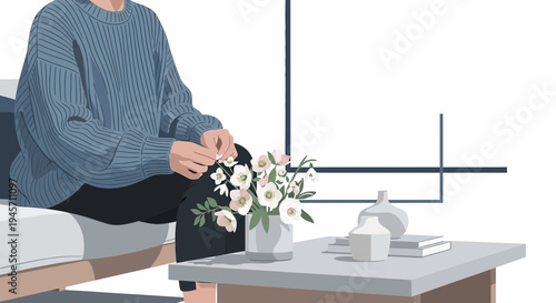 Cozy Scene: Person in Sweater Sitting by Table with Flowers and Vases