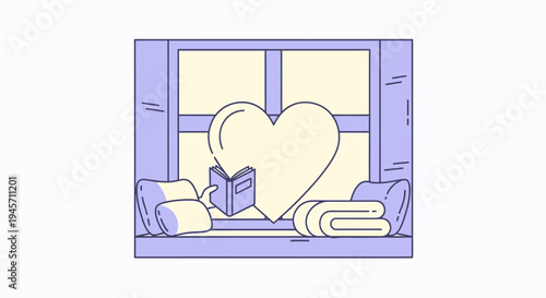 Cozy Window Seat with Heart and Book Illustration