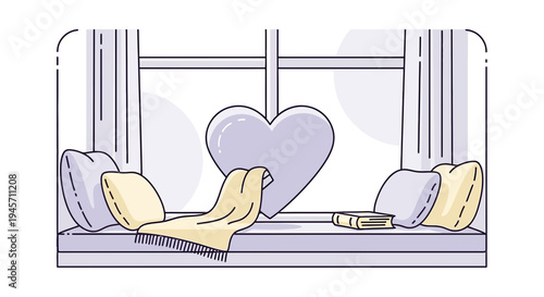 Cozy Window Seat with Heart Pillow, Blanket, and Book - Hygge Illustration