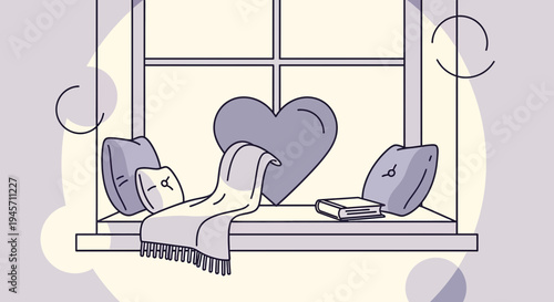 Cozy Window Seat with Heart Pillow, Blanket, and Book - Hygge Illustration
