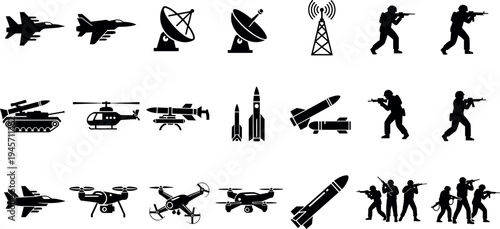 Military and defense silhouettes collection featuring soldiers, aircraft, drones, missiles, tanks and radar icons, modern warfare technology illustration set isolated on background for design.