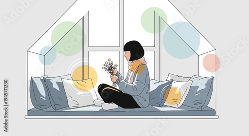 Cozy Window Seat: Woman with Flowers, Gentle Light, Soft Colors, Hygge Illustration