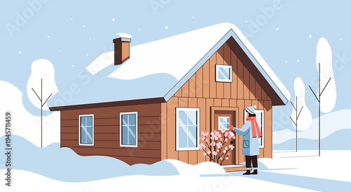 Cozy Winter Cottage with Snowfall and Blooming Flowers