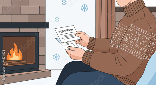 Cozy Winter Evening: Reading Invitation by Fireplace with Snowflakes