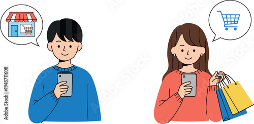 Online shopping concept illustration with man and woman using smartphones, holding shopping bags and cart icons, modern e commerce lifestyle design isolated on background.
