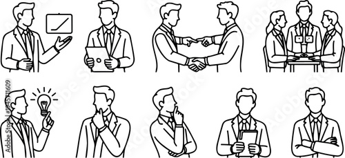 Professional business man line art icons collection showing diverse office situations and corporate scenarios