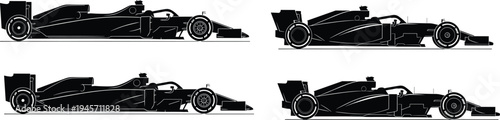 Formula race car silhouette vector set, modern open wheel racing vehicle illustration, motorsport speed car side view collection