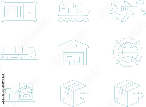 Shipping and logistics with teal outline transport