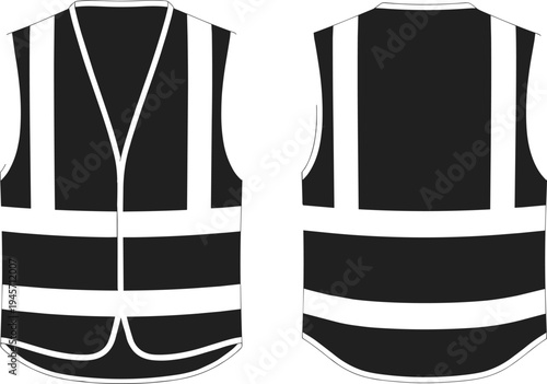 Safety reflective vest vector illustration, high visibility workwear clothing front and back view, construction safety equipment outline design