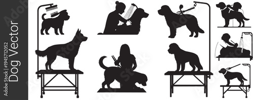 Dog Grooming Silhouette Vector Set, Pet Groomer Washing Brushing Hair Dryer Dog Care Icons Collection Isolated on White Background