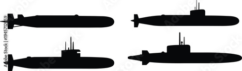 Submarine silhouette vector set, military naval underwater vessel illustration, submarine transport side view collection, navy defense vehicle black silhouette
