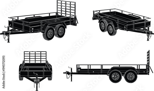 Utility cargo trailer vector silhouette set, dual axle transport trailer illustration, flatbed hauling equipment, multiple perspective views, black transport vehicle clipart
