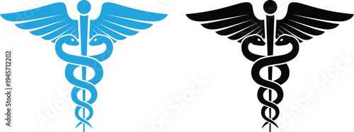 Medical caduceus symbol set featuring blue and black snakes entwined around winged staff for pharmacy health care and medicine professional