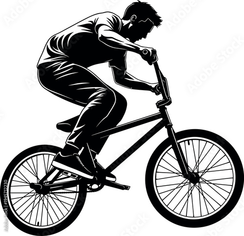 Silhouette of BMX rider performing cycling stunt on bicycle, extreme sports action illustration showing urban freestyle biking activity isolated on background for fitness and adventure concept.