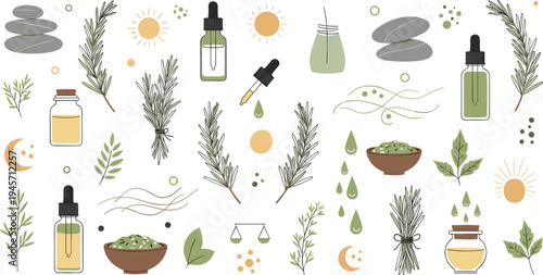 Herbal Aromatherapy and Natural Skincare Elements Set with Rosemary, Essential Oil Bottles, Herbs, Stones, and Organic Wellness Illustration Collection