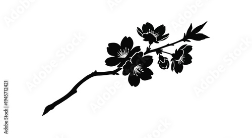 Elegant black silhouette of a blossoming cherry branch with detailed dark petals and leaves stands starkly against a bright, pure white background for design use.