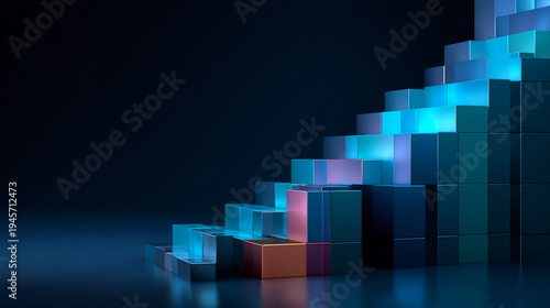 Abstract 3D cubes forming a rising staircase, illuminated with futuristic blue and purple neon light on a dark background.