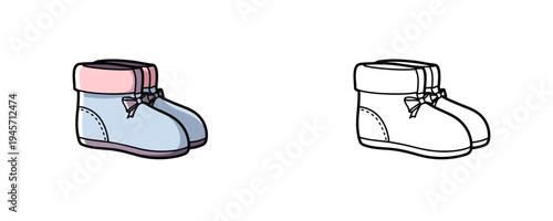 Baby booties in flat cartoon and linear styles with blue fabric pink cuffs and small bows representing infant footwear for newborn comfort on white background