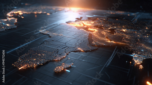 Digital world map with glowing lights representing global network connectivity and technological innovation on a dark, futuristic background.