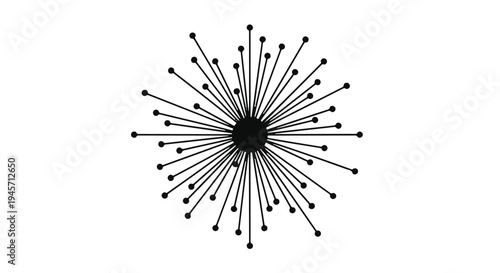 An abstract monochrome graphic portrays a central dark sphere radiating thin lines outward to small dots, resembling an explosion or connection nexus.
