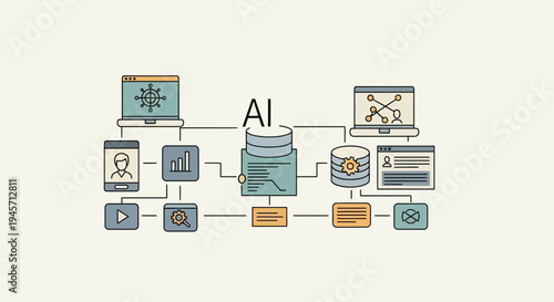 Conceptual illustration of Artificial Intelligence connecting various digital services and data processing platforms for enhanced business insights and analytics