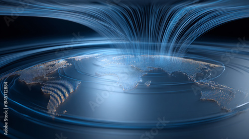 Global data flow represented by glowing fiber optic lines connecting to a digital world map, symbolizing modern technology and connectivity.