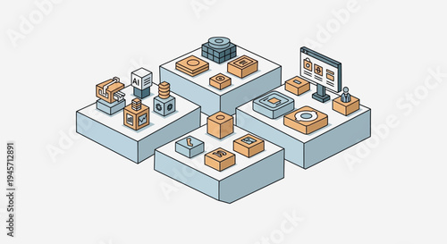 Isometric display of geometric cubes and objects on pedestals, showcasing a collection of unique designs