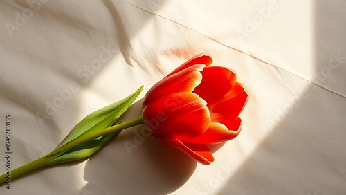 A single red tulip in full bloom rests on beige linen, surrounded by soft shadows and negative space.