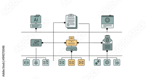 Illustration of a conceptual digital workflow connecting AI, documents, and camera inputs to various output devices and services