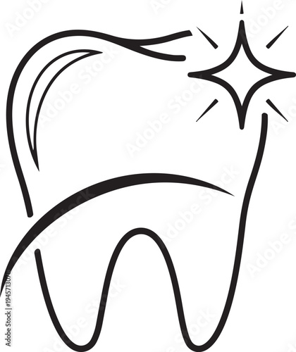 A minimalist black and white line art illustration of a clean and sparkling healthy human tooth