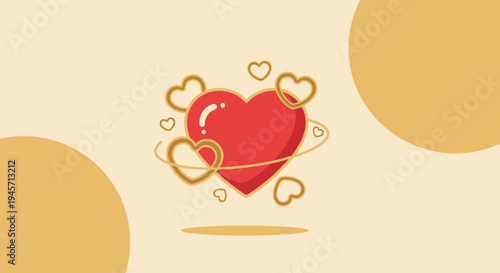 Red Heart Icon with Golden Hearts and Swirls on Beige Background